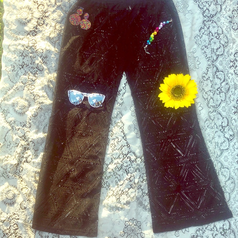 Lagaci Geometric Print Crochet Boho Black Pants